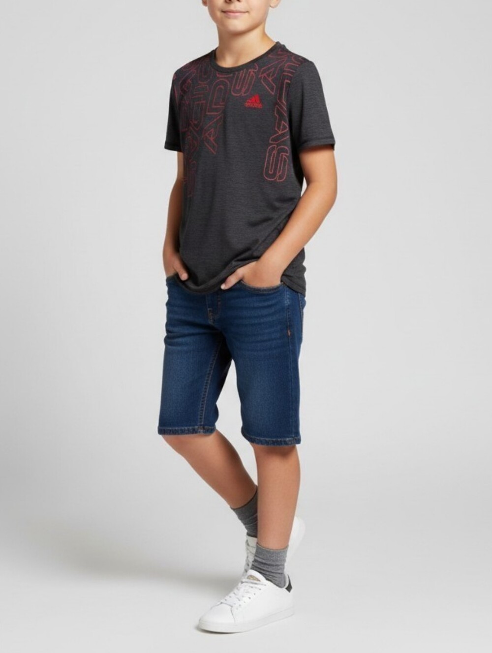 Adidas Graphic Crew Neck T-Shirt Boys 14/16 Gray Red Sporty Outdoor Casual